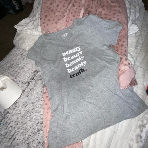 pink gold heart plush PJs sweats*Bobbi Brown cosmetics beauty truth gray Tee 2pc - Picture 5 of 10
